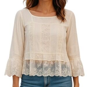 VTG April Cornell Lace Peasant Blouse XS Boho Prairie Fairycore Bell Sleeve